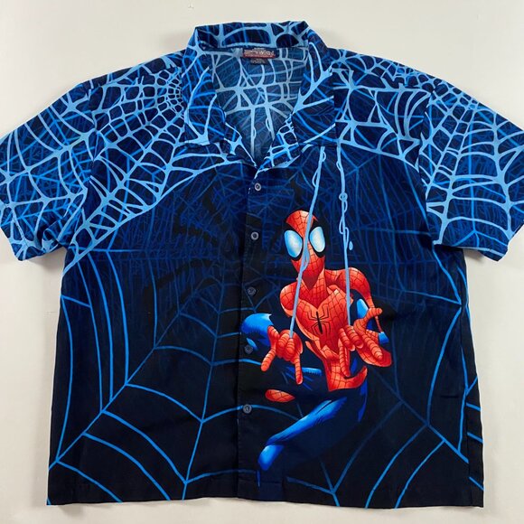 Vintage 2002 Spiderman Movie Promo Shirt Mens XL All Over Print Button Up Marvel - Picture 1 of 9